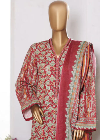 3 Piece Printed Red Khaddar Shirt with Trouser & Dupatta