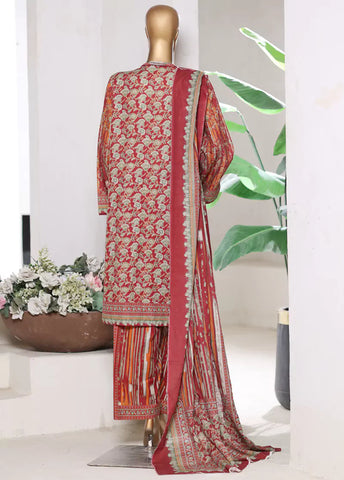 3 Piece Printed Red Khaddar Shirt with Trouser & Dupatta