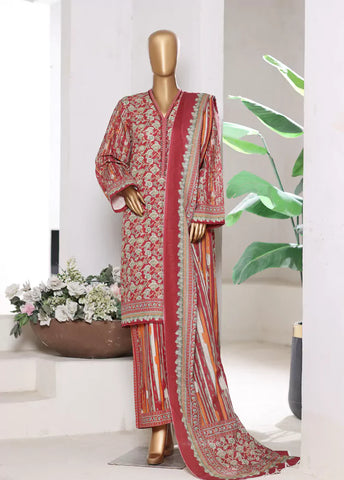 3 Piece Printed Red Khaddar Shirt with Trouser & Dupatta