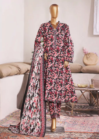3 Piece Printed MultiColor Khaddar Frock with Trouser & Dupatta