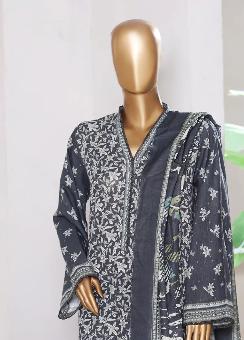 3 Piece Printed Charcoal Khaddar Shirt with Trouser & Dupatta