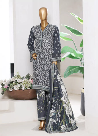 3 Piece Printed Charcoal Khaddar Shirt with Trouser & Dupatta