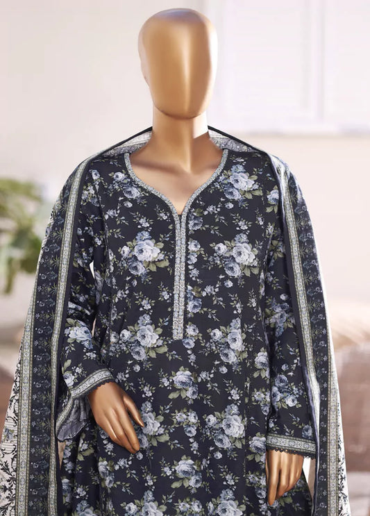 3 Piece Printed Black Khaddar Frock with Trouser & Dupatta