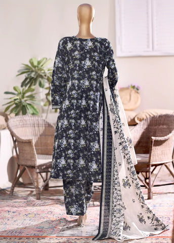 3 Piece Printed Black Khaddar Frock with Trouser & Dupatta