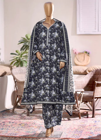 3 Piece Printed Black Khaddar Frock with Trouser & Dupatta