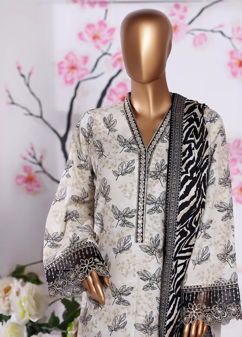 3 Piece Embroidered Off White Khaddar Shirt with Trouser & Dupatta