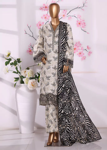 3 Piece Embroidered Off White Khaddar Shirt with Trouser & Dupatta