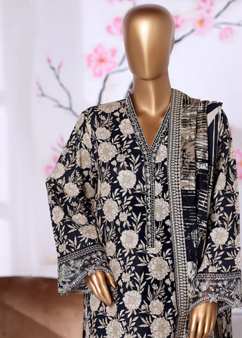 3 Piece Embroidered Black & Beige Khaddar Shirt with Trouser & Dupatta