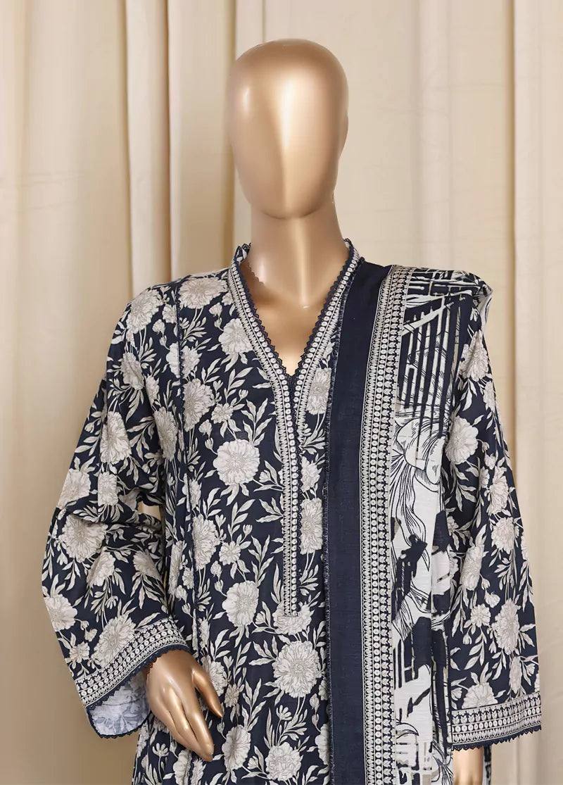 3 Piece Printed Black & Beige Khaddar Frock with Trouser & Dupatta