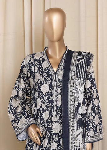 3 Piece Printed Black & Beige Khaddar Frock with Trouser & Dupatta