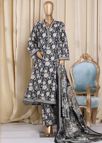 3 Piece Printed Black & Beige Khaddar Frock with Trouser & Dupatta