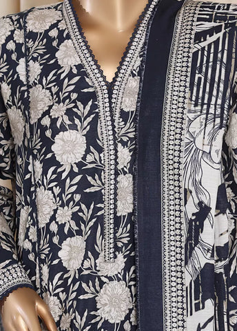 3 Piece Printed Black & Beige Khaddar Frock with Trouser & Dupatta