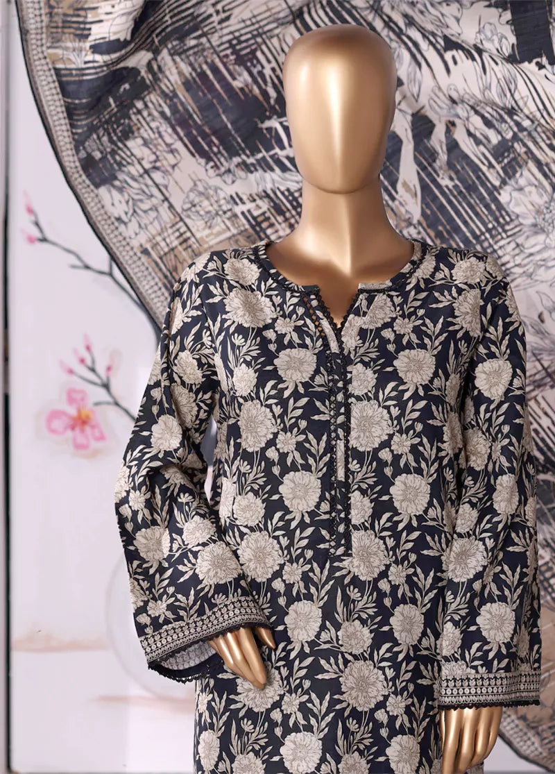 3 Piece Printed Black & Beige Khaddar Shirt with Trouser & Dupatta