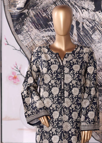 3 Piece Printed Black & Beige Khaddar Shirt with Trouser & Dupatta