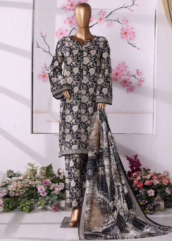 3 Piece Printed Black & Beige Khaddar Shirt with Trouser & Dupatta