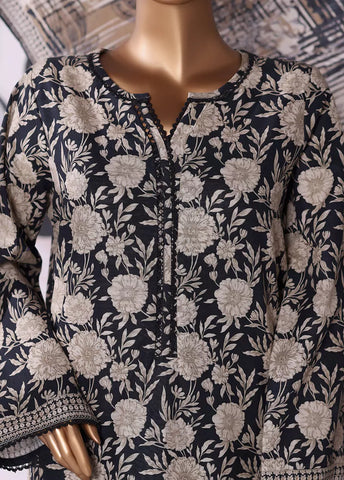 3 Piece Printed Black & Beige Khaddar Shirt with Trouser & Dupatta