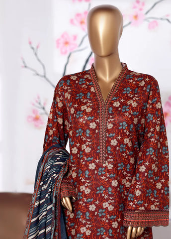 3 Piece Embroidered Maroon Khaddar Shirt with Trouser & Dupatta