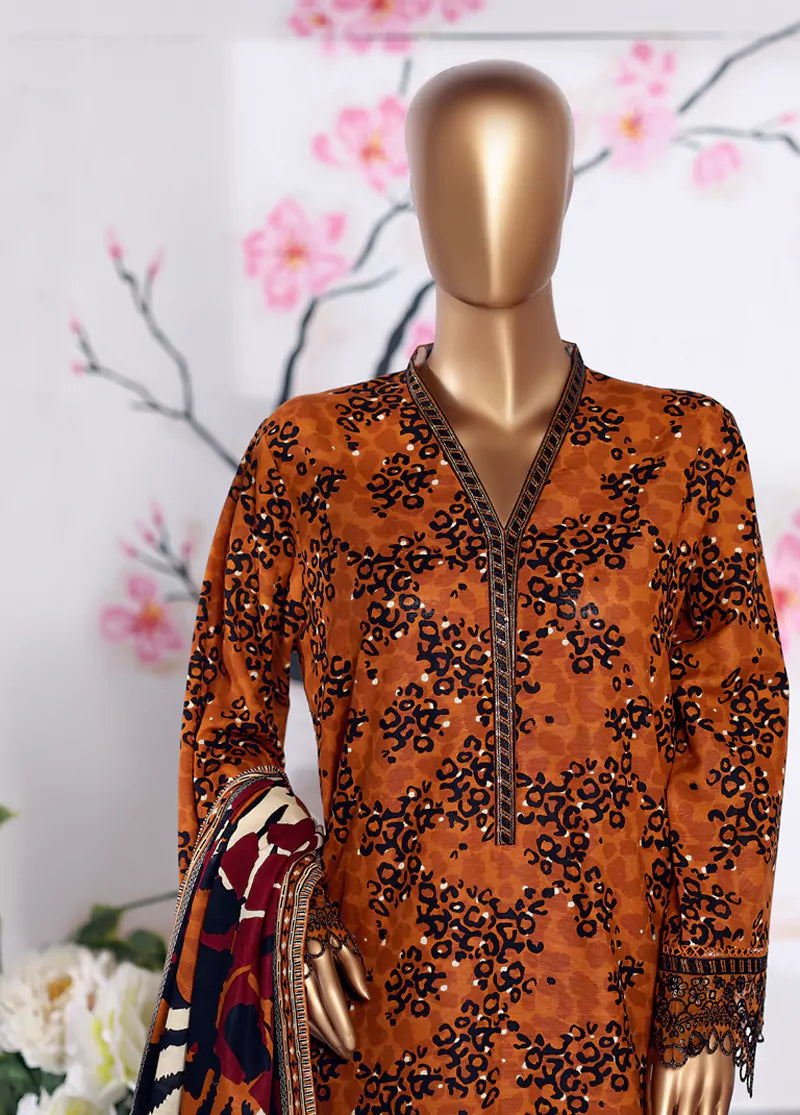 3 Piece Embroidered Orange Khaddar Shirt with Trouser & Dupatta