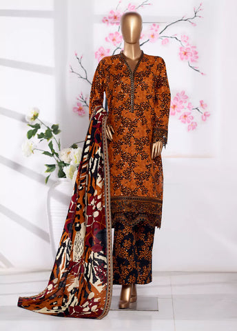 3 Piece Embroidered Orange Khaddar Shirt with Trouser & Dupatta