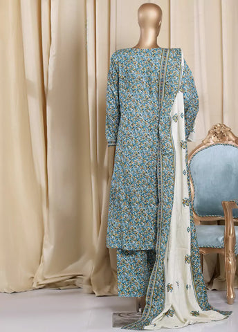 3 Piece Printed MultiColor Khaddar Frock with Trouser & Dupatta