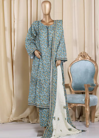 3 Piece Printed MultiColor Khaddar Frock with Trouser & Dupatta