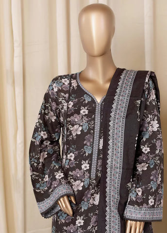 3 Piece Printed Dark Brown Khaddar Frock with Trouser & Dupatta