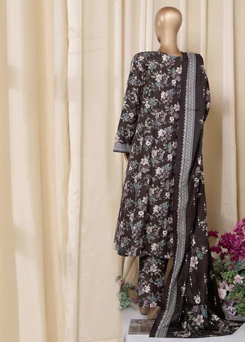 3 Piece Printed Dark Brown Khaddar Frock with Trouser & Dupatta