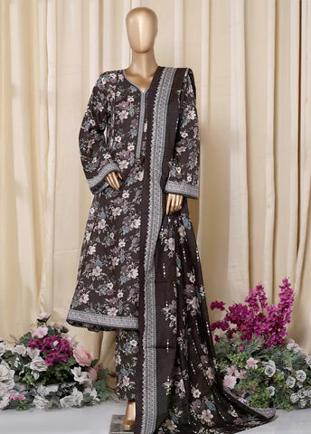 3 Piece Printed Dark Brown Khaddar Frock with Trouser & Dupatta