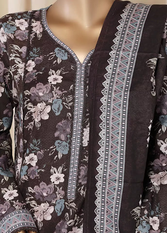 3 Piece Printed Dark Brown Khaddar Frock with Trouser & Dupatta