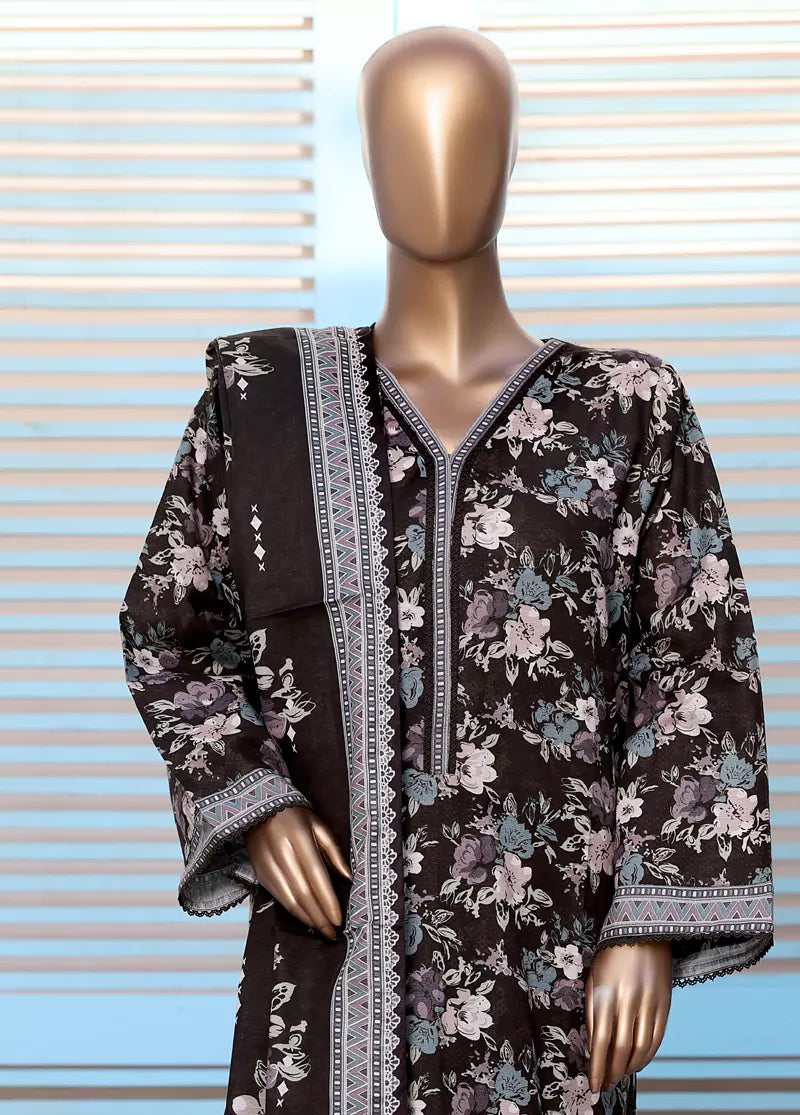 3 Piece Printed Black Khaddar Shirt with Trouser & Dupatta