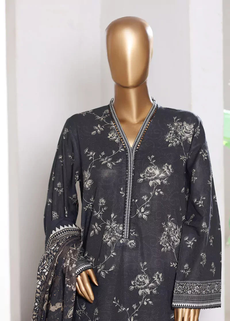 3 Piece Printed Black Khaddar Shirt with Trouser & Dupatta
