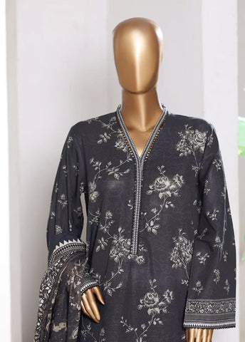 3 Piece Printed Black Khaddar Shirt with Trouser & Dupatta