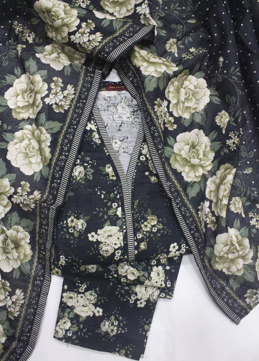 3 Piece Printed Black Khaddar Frock with Trouser & Dupatta