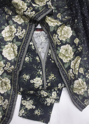 3 Piece Printed Black Khaddar Frock with Trouser & Dupatta