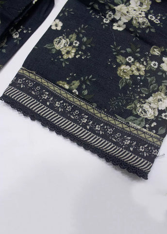 3 Piece Printed Black Khaddar Frock with Trouser & Dupatta