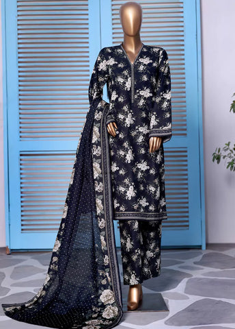 3 Piece Printed Black Khaddar Shirt with Trouser & Dupatta