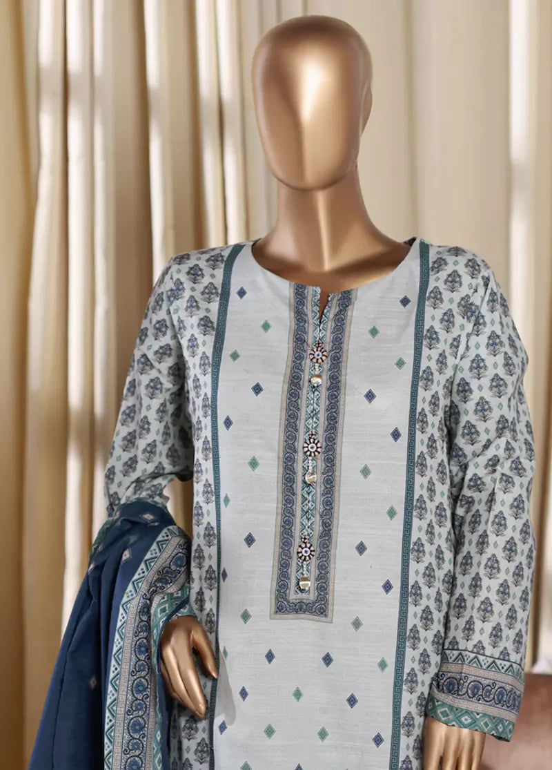 3 Piece Printed Grey & Blue Khaddar Shirt with Trouser & Dupatta