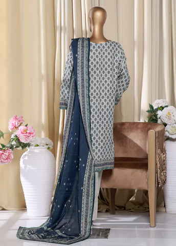 3 Piece Printed Grey & Blue Khaddar Shirt with Trouser & Dupatta