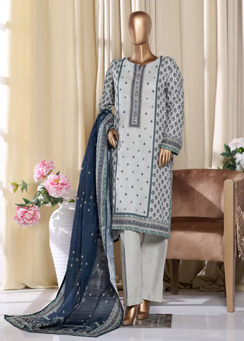 3 Piece Printed Grey & Blue Khaddar Shirt with Trouser & Dupatta