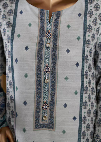 3 Piece Printed Grey & Blue Khaddar Shirt with Trouser & Dupatta
