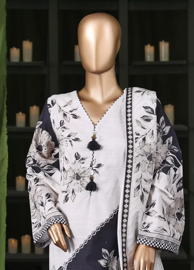 3 Piece Printed White & Black Khaddar Shirt with Trouser & Dupatta