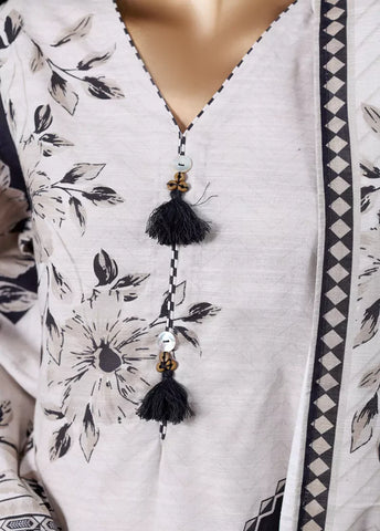 3 Piece Printed White & Black Khaddar Shirt with Trouser & Dupatta