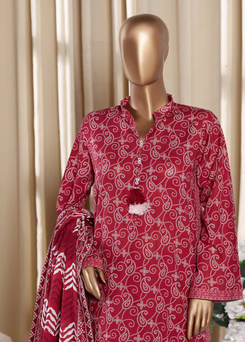 3 Piece Printed Red Khaddar Shirt with Trouser & Dupatta