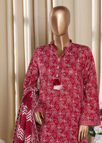 3 Piece Printed Red Khaddar Shirt with Trouser & Dupatta
