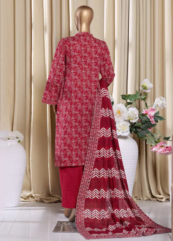 3 Piece Printed Red Khaddar Shirt with Trouser & Dupatta
