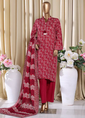 3 Piece Printed Red Khaddar Shirt with Trouser & Dupatta