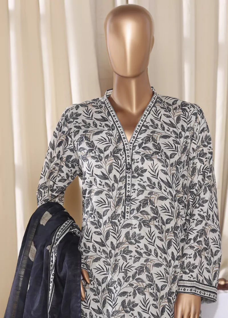 3 Piece Printed Black & White Khaddar Shirt with Trouser & Dupatta