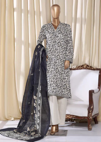 3 Piece Printed Black & White Khaddar Shirt with Trouser & Dupatta