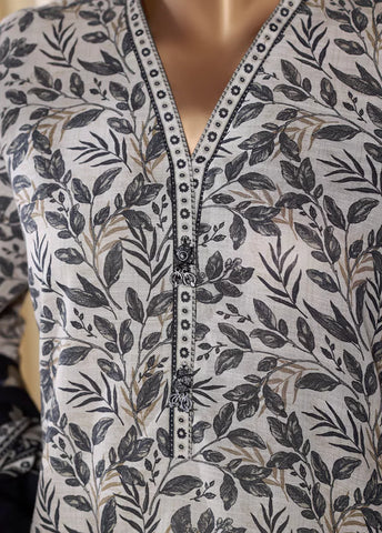 3 Piece Printed Black & White Khaddar Shirt with Trouser & Dupatta