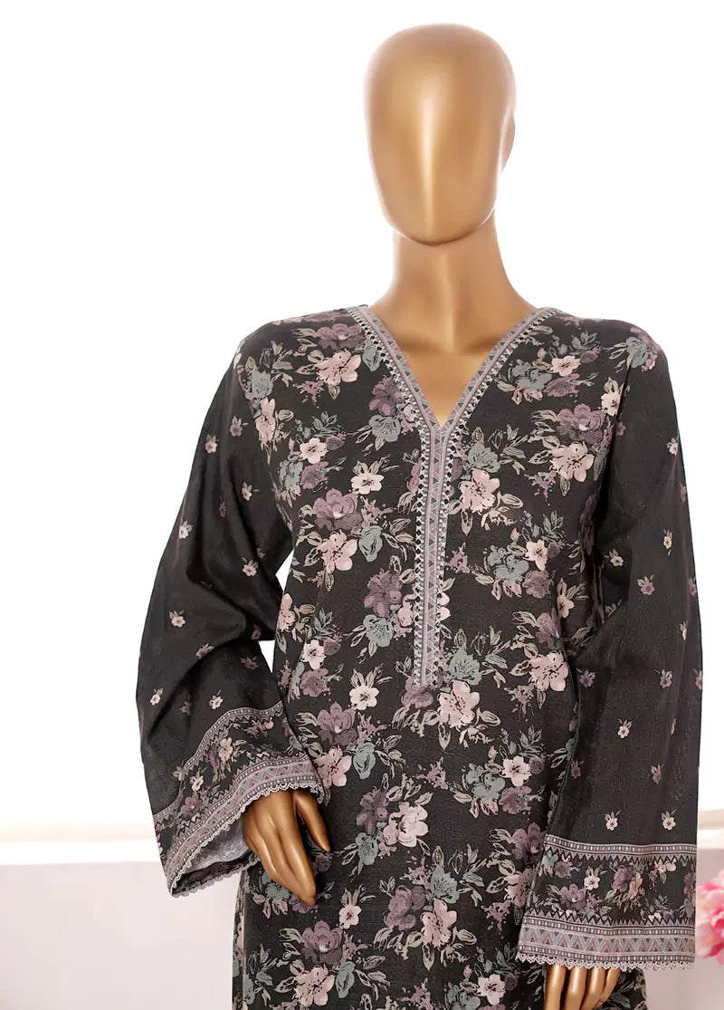 2 Piece Printed Charcoal Khaddar Shirt & Trouser